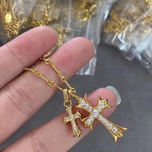 Cross necklaces double hanging necklaces cross European and American couples full of diamonds double men's and women's pendants retro