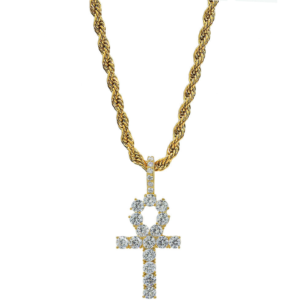 European and American explosive micro-inset zircon hiphop necklace Anhe key cross hiphop pendant Lianzi Jinao