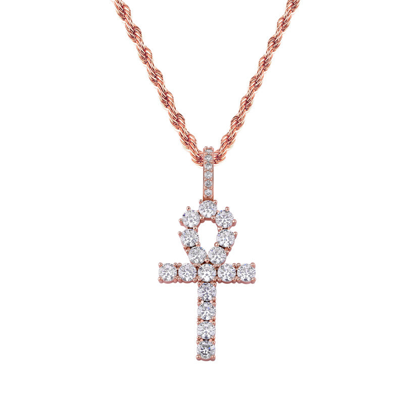 European and American explosive micro-inset zircon hiphop necklace Anhe key cross hiphop pendant Lianzi Jinao