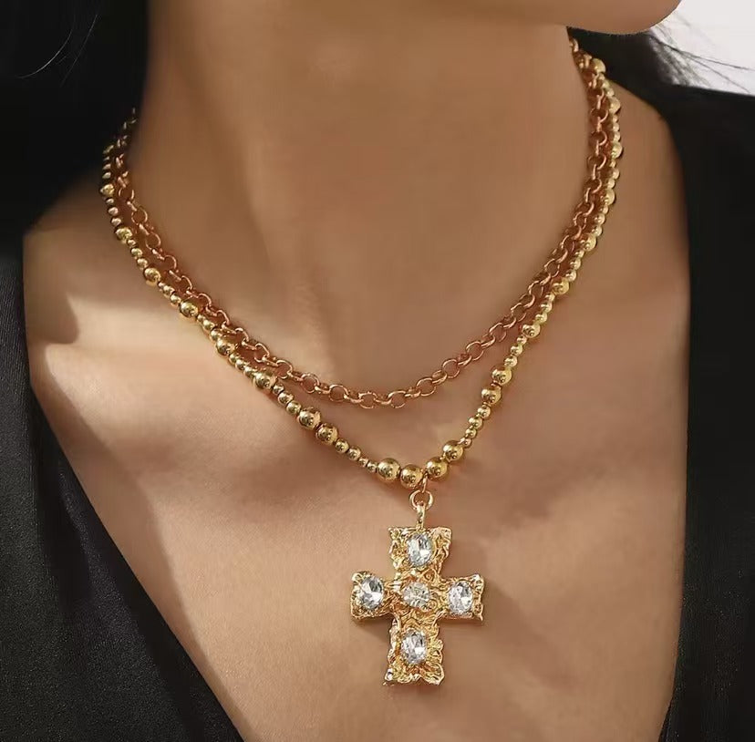 Metal diamond cross pendant necklace set retro literary light luxury clavicle chain