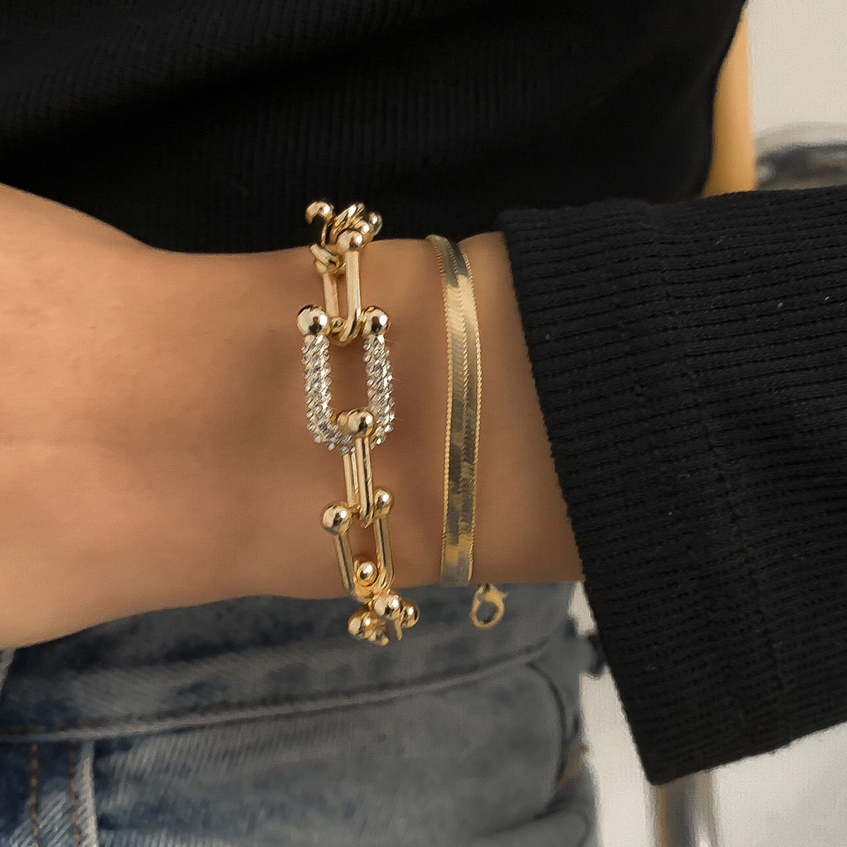 Fashion trend diamond U-buckle bracelet set Europe and the United States cross-border jewelry hip hop metal flat snake chain bracelet