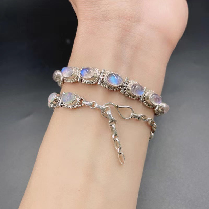 Hand-plated silver ornaments Opal blue moonstone bracelet personality retro national style fashion bracelet