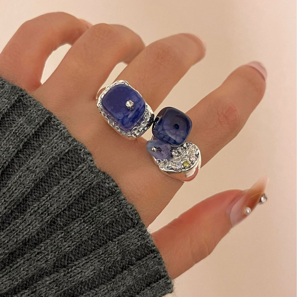 Blue natural stone beaded ring female ins Sweet cool cool wind personality hip hop fashion ring ring