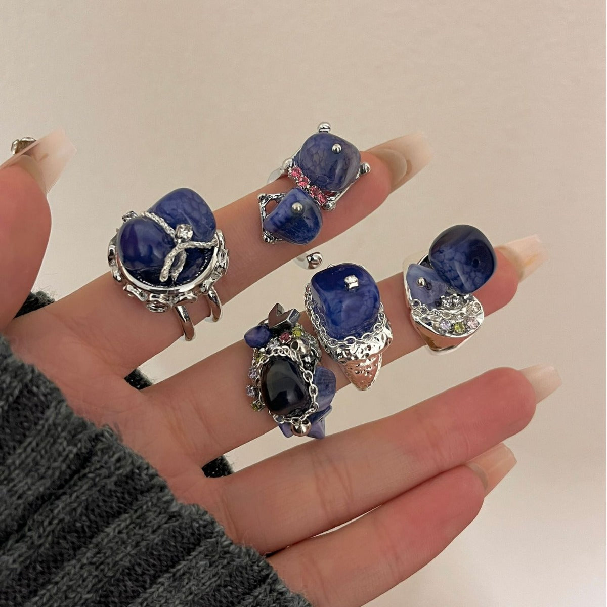 Blue natural stone beaded ring female ins Sweet cool cool wind personality hip hop fashion ring ring