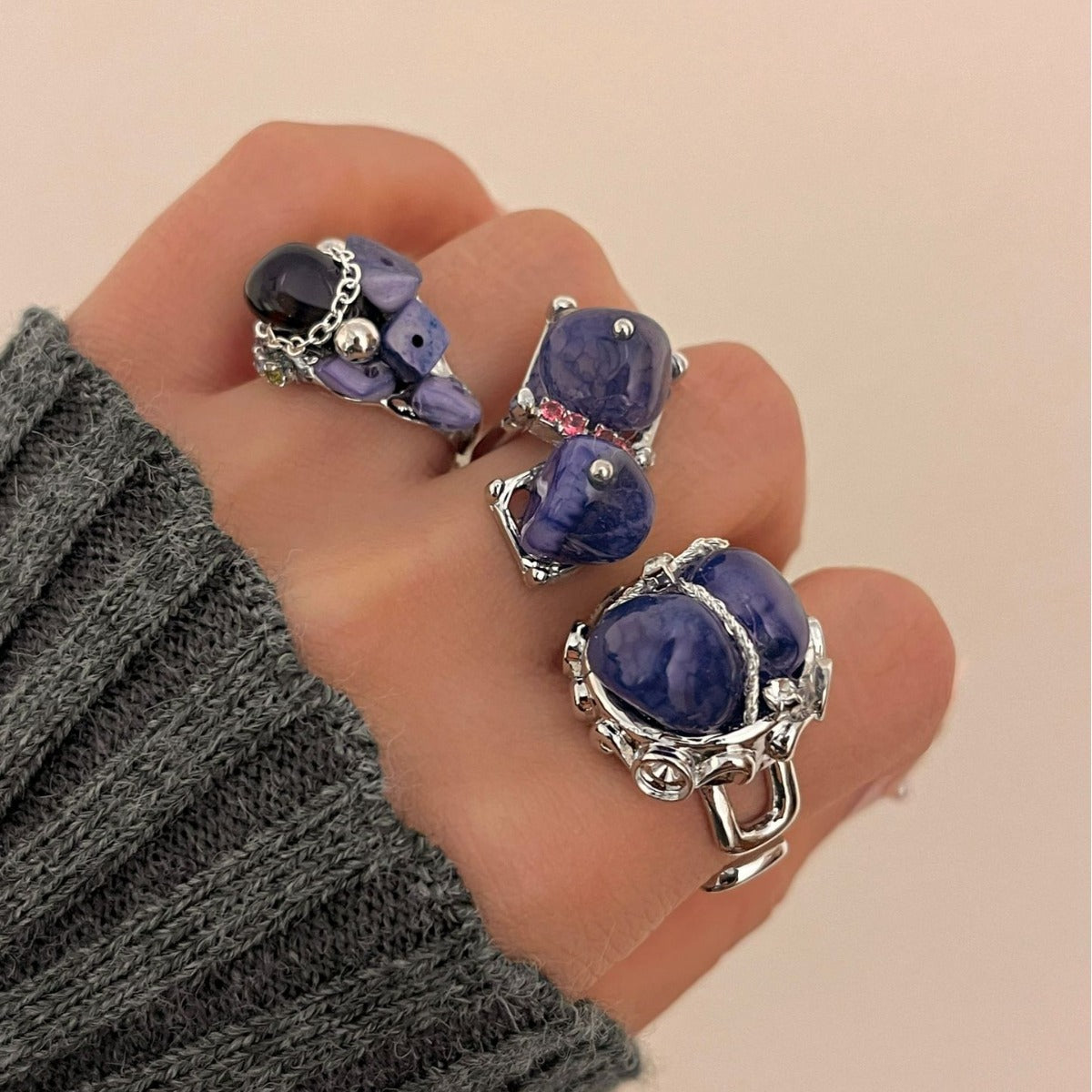 Blue natural stone beaded ring female ins Sweet cool cool wind personality hip hop fashion ring ring