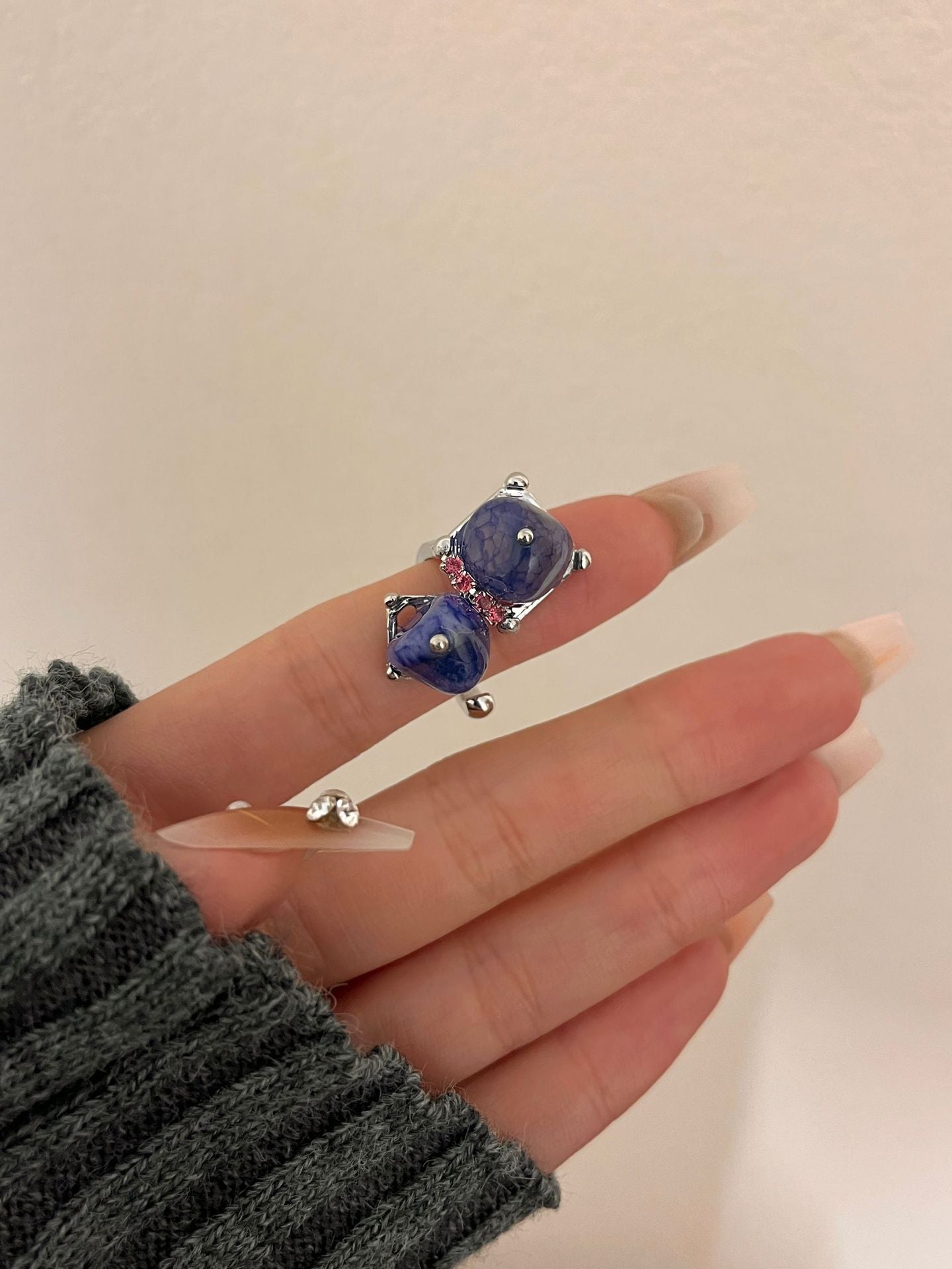 Blue natural stone beaded ring female ins Sweet cool cool wind personality hip hop fashion ring ring