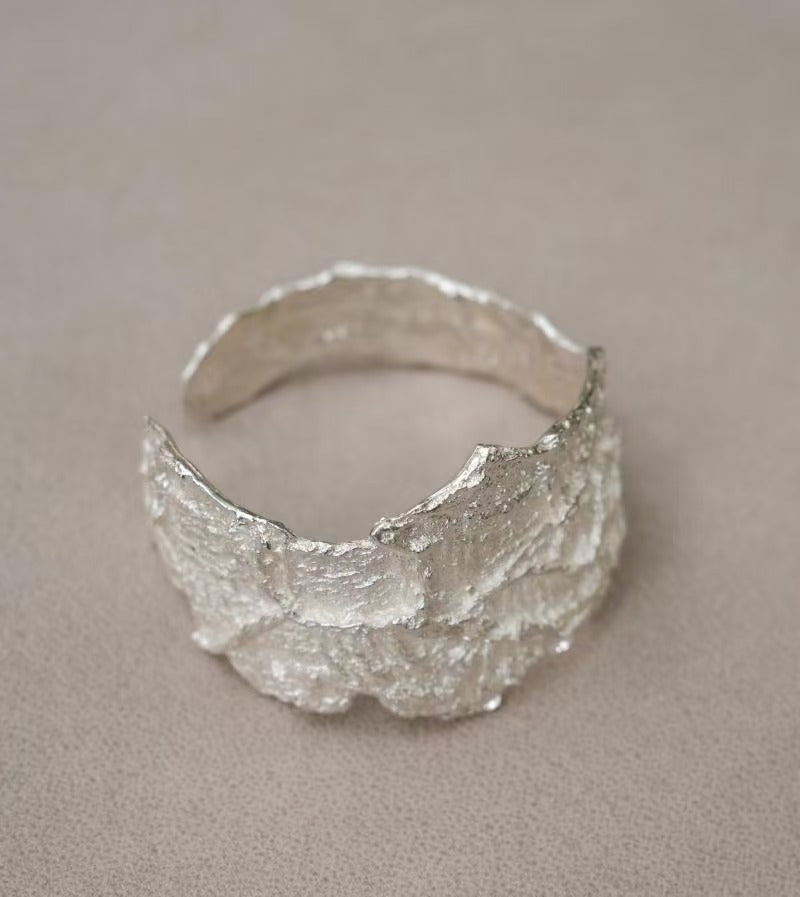 Pure handmade irregular wide-face heavy texture silver bracelet