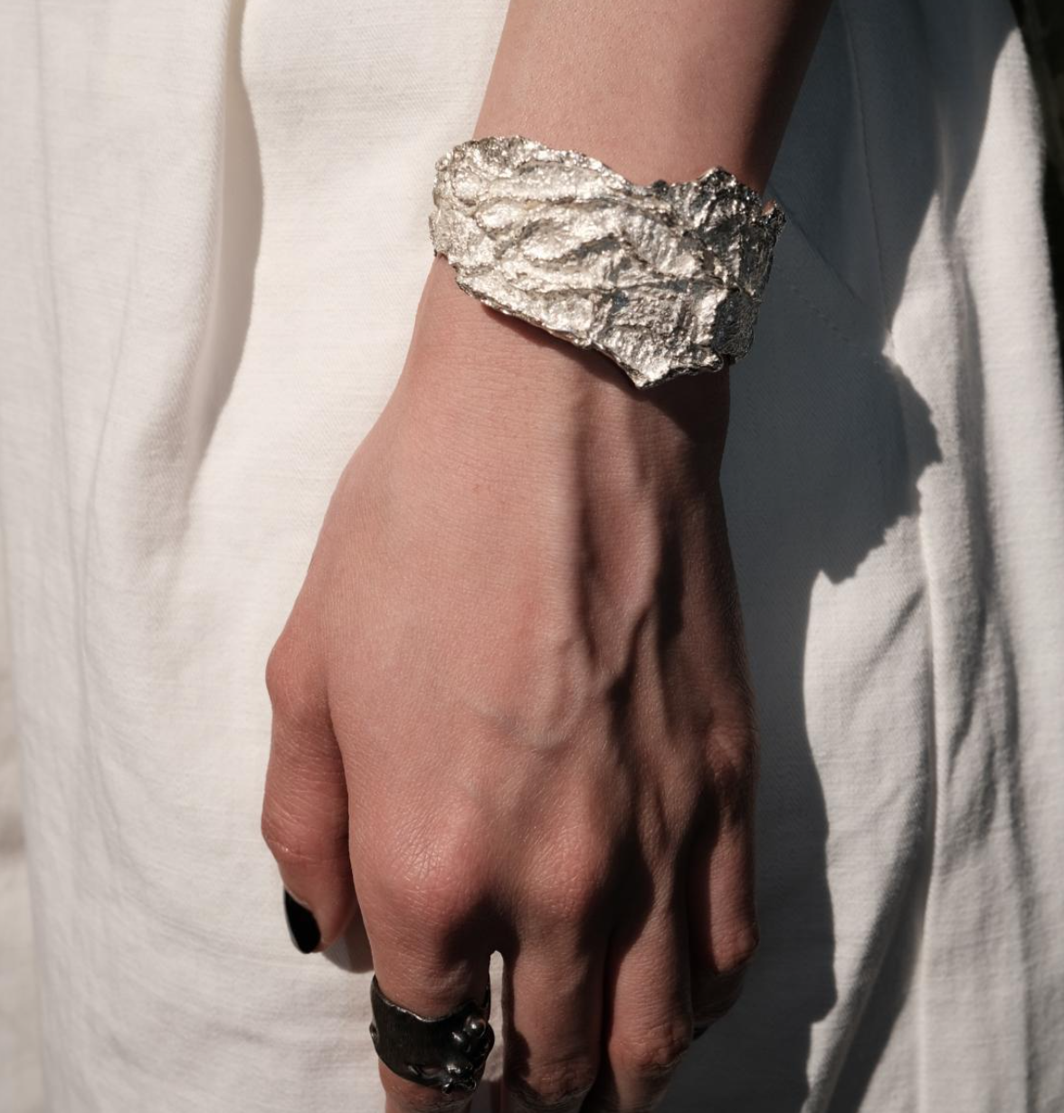 Pure handmade irregular wide-face heavy texture silver bracelet