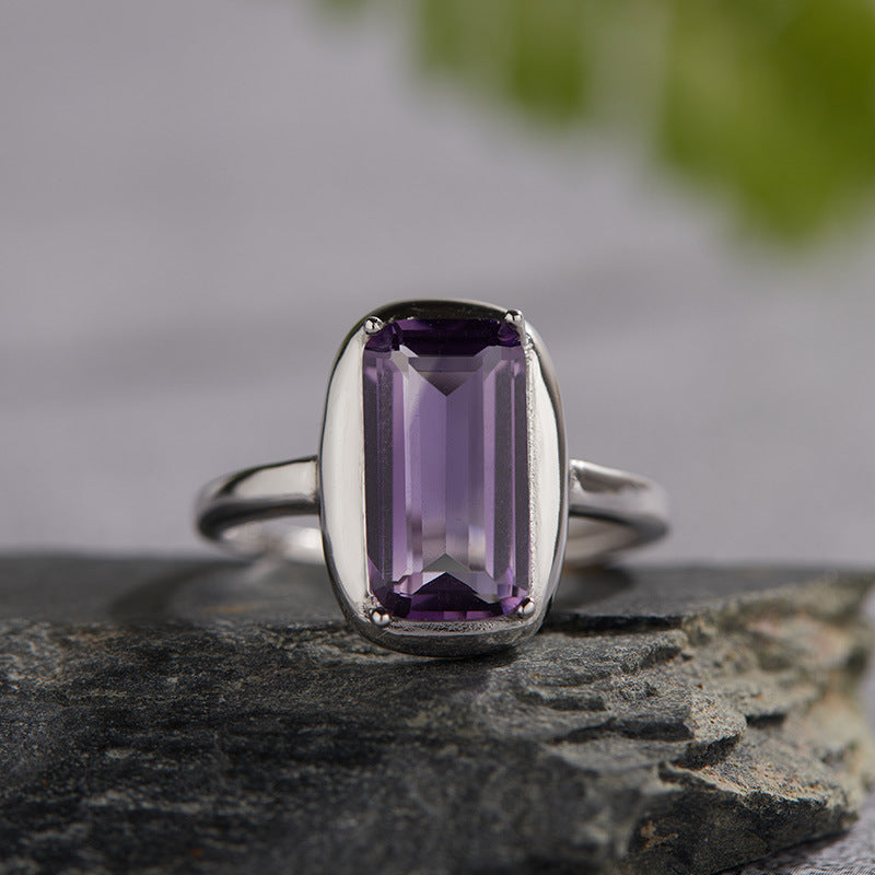 Sterling silver set with natural amethyst ring female fashion simple temperament sugar cube opening ring