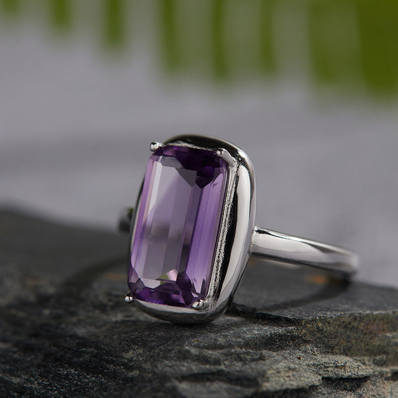 Sterling silver set with natural amethyst ring female fashion simple temperament sugar cube opening ring