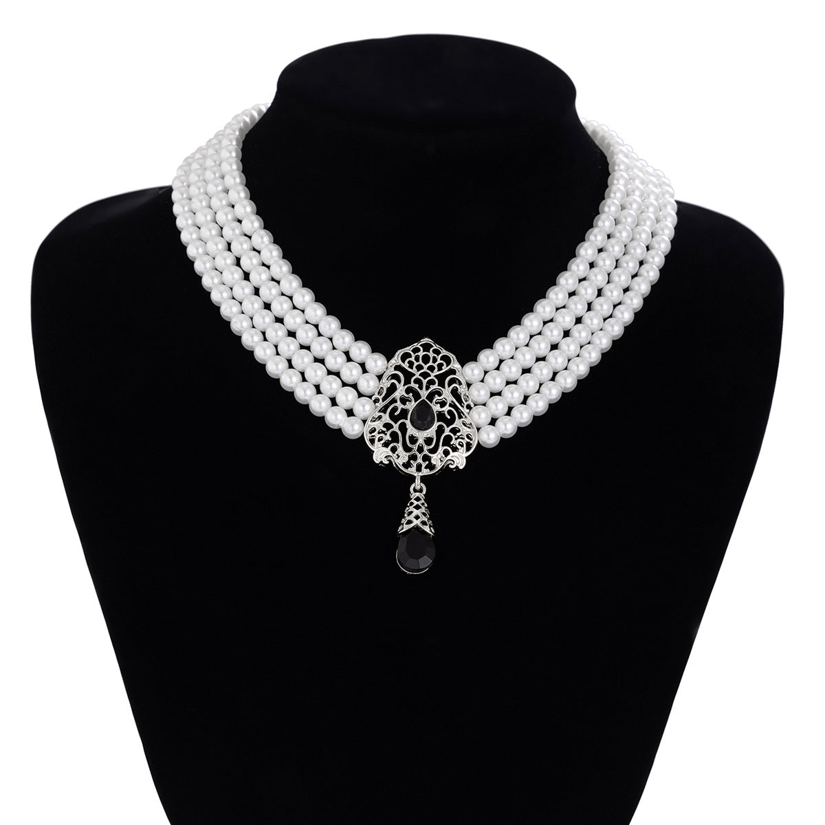 Light luxury style square rhinestone necklace choker vintage imitation pearl beaded set choker