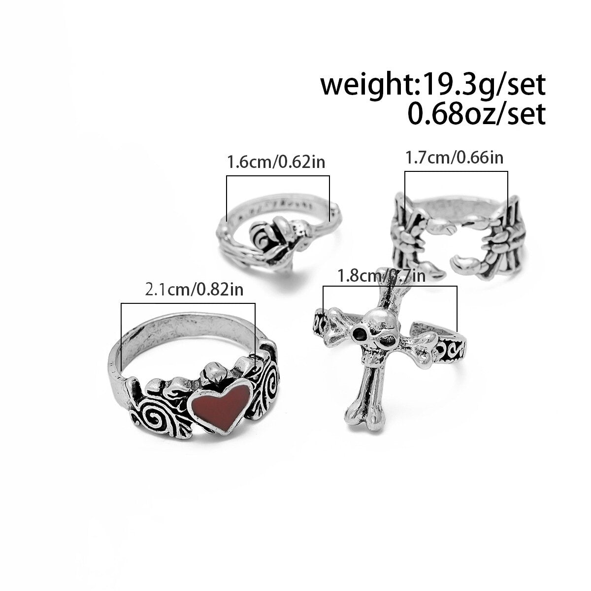 Personalized Halloween set with gemstone ring 4-piece Cross Skull Ring set