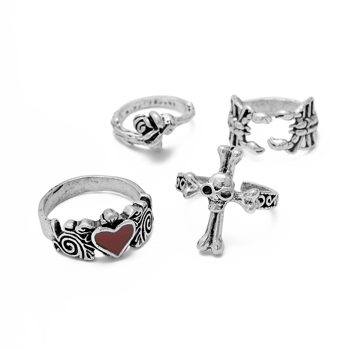 Personalized Halloween set with gemstone ring 4-piece Cross Skull Ring set