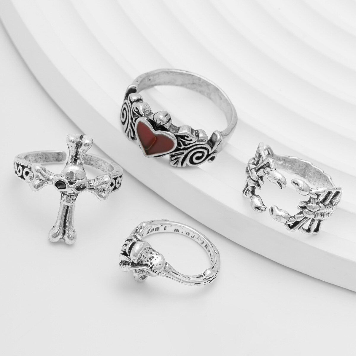 Personalized Halloween set with gemstone ring 4-piece Cross Skull Ring set