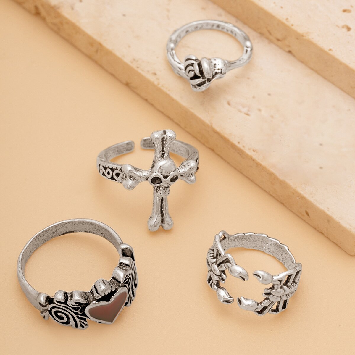 Personalized Halloween set with gemstone ring 4-piece Cross Skull Ring set