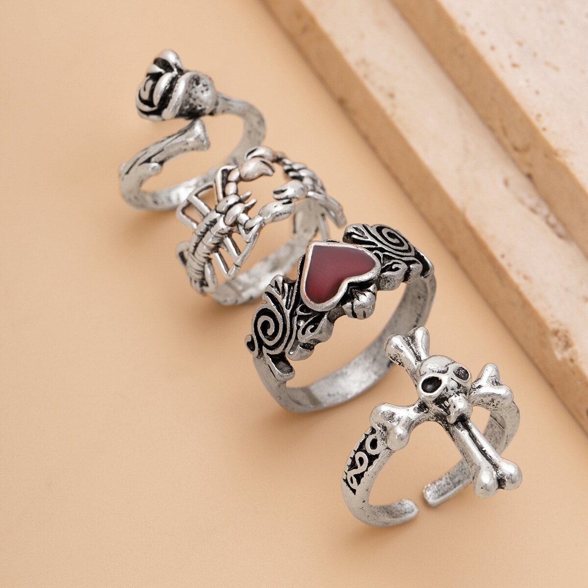 Personalized Halloween set with gemstone ring 4-piece Cross Skull Ring set