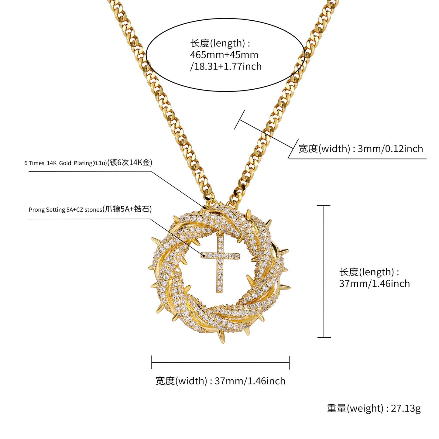 Twist cross micro-inset copper zircon necklace trend European and American personality hip hop hanging pendant