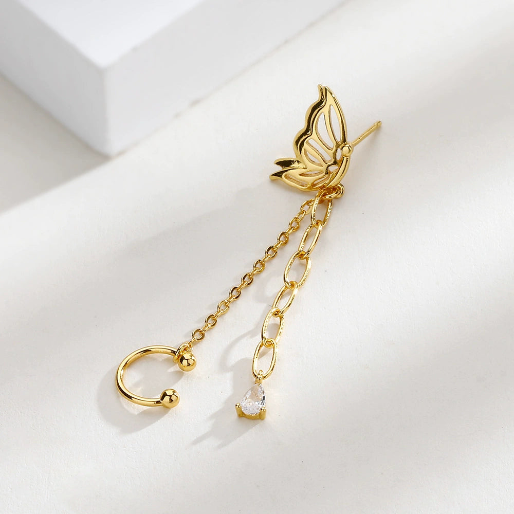 Super Fairy Flash Diamond Water Drop Butterfly Ear Clip Female Sweet Korean Version Simple and Luxurious One-piece Chain Earrings