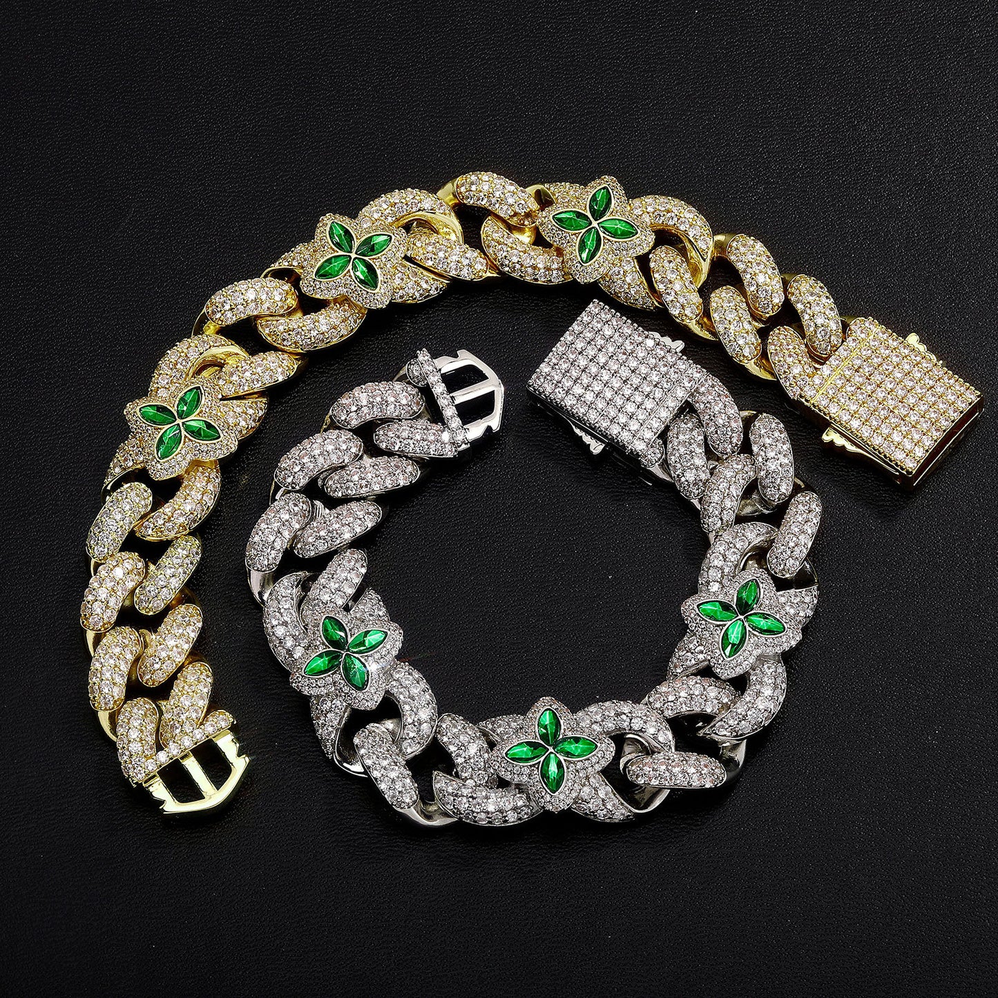 Hip Hop Bracelet 20mm four-leaf Clover Green Gem Personality Chain Cuban Chain Spring buckle men's bracelet