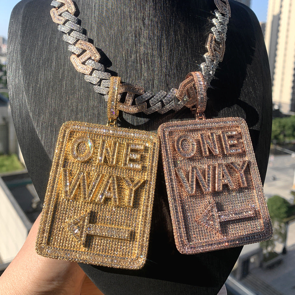 Europe and the United States new ONE WAY letter signpost direction pendant hip hop rap jewelry set zircon