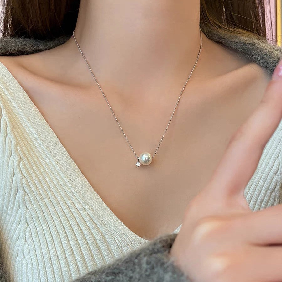 Single pearl zircon necklace female summer ins light luxury niche design zircon pendant advanced design sense Collarbone chain