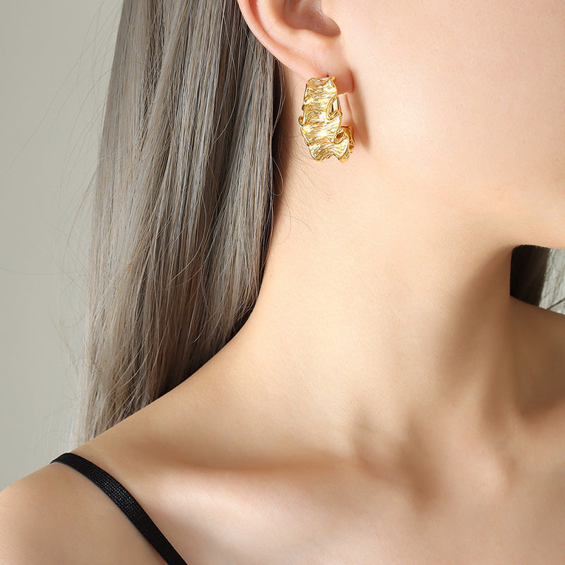 Geometric pleated texture earrings niche design titanium steel gold-plated buckle earrings