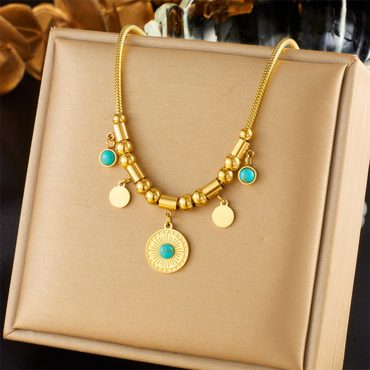 European and American hot selling vintage bohemian style 18K gold plated bracelet women's niche high grade turquoise medallion necklace