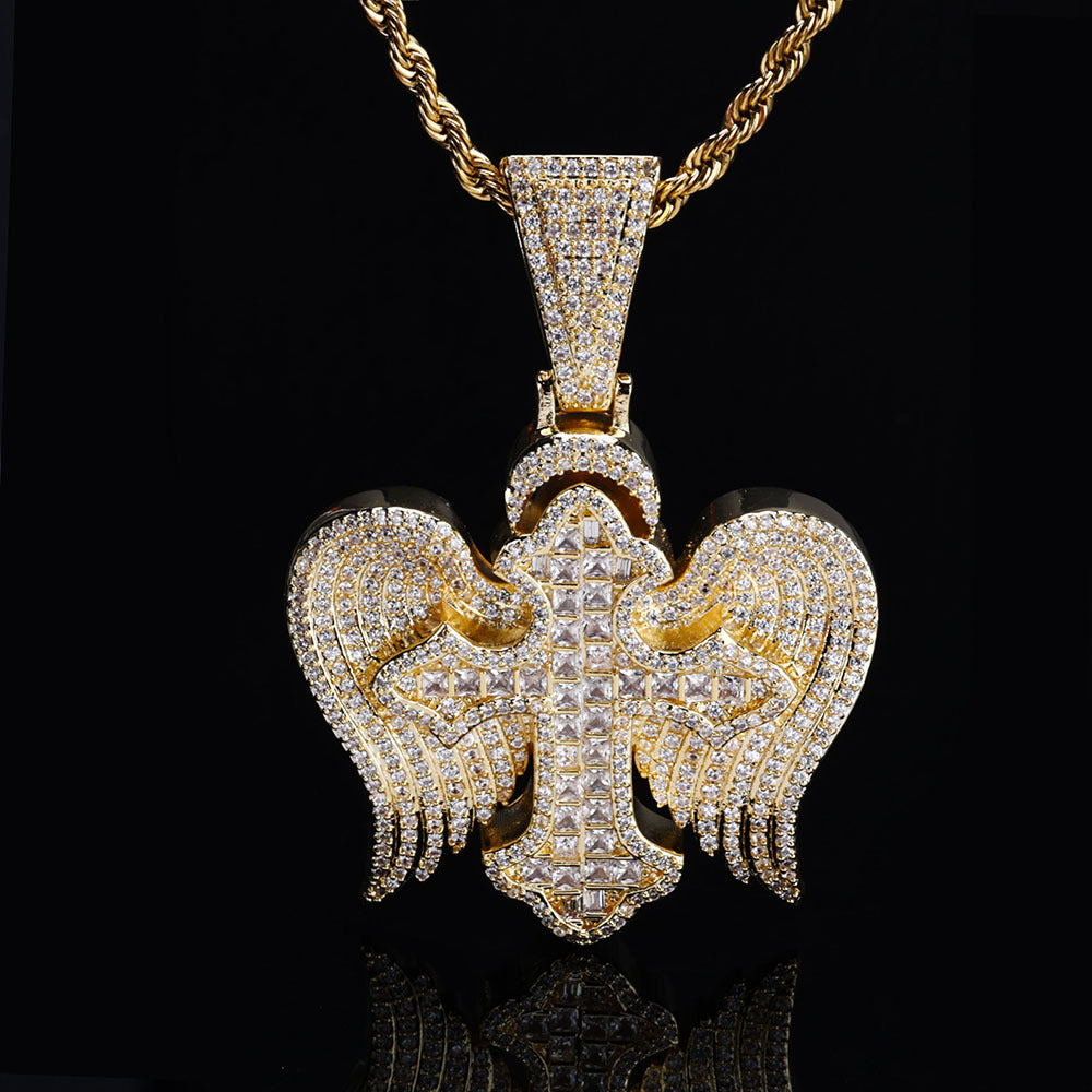 Explosive cross wings Zircon pendant Hip Hop necklace personality retro accessories