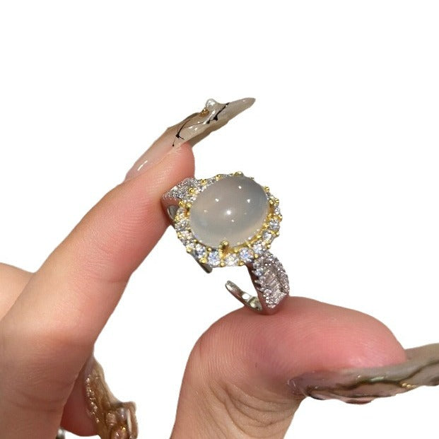 Natural ice white jade pigeon egg ring encrusted with zircon new Chinese temperament index finger ring