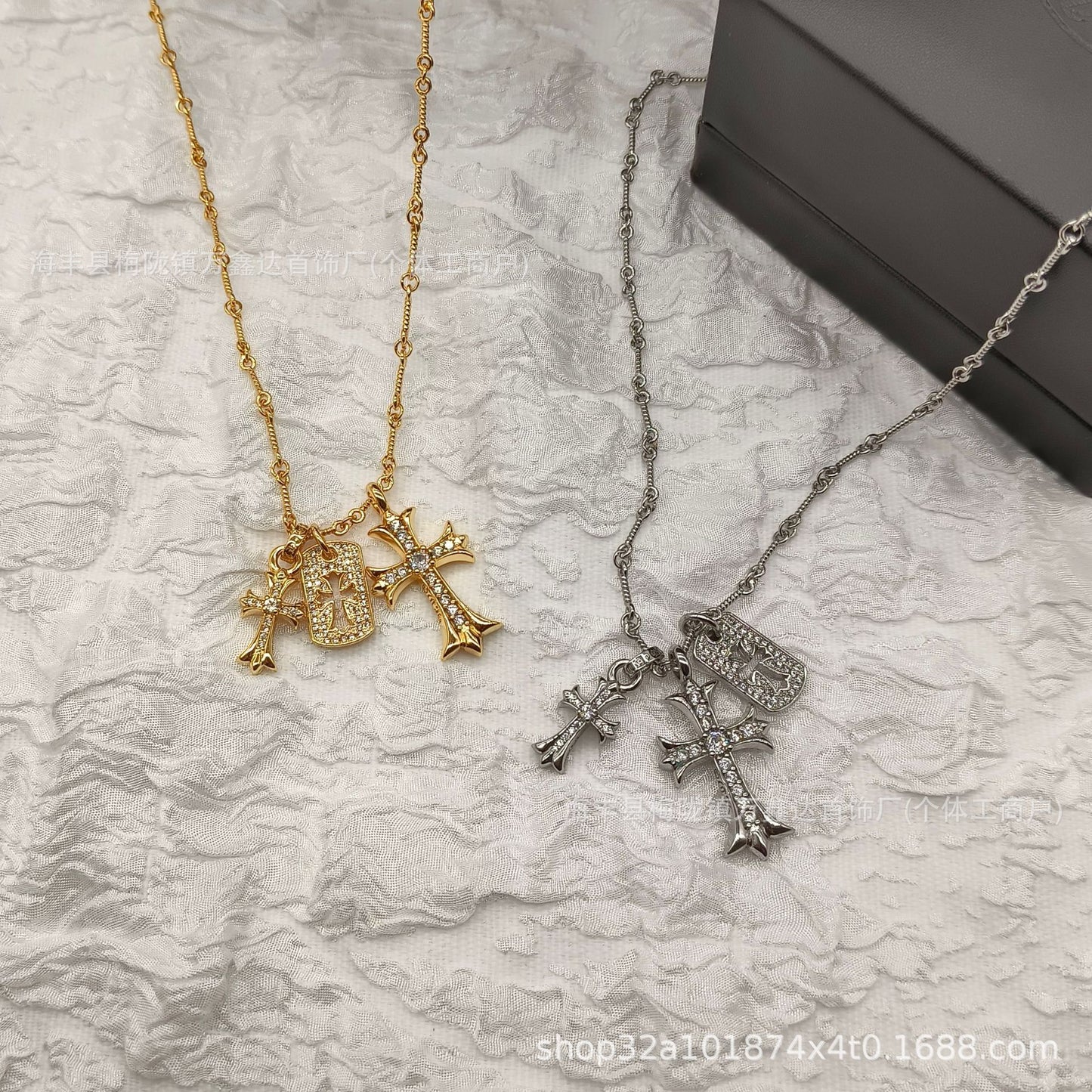 Crowe 伈 double cross diamond gold full diamond vintage three-piece necklace couple bamboo chain