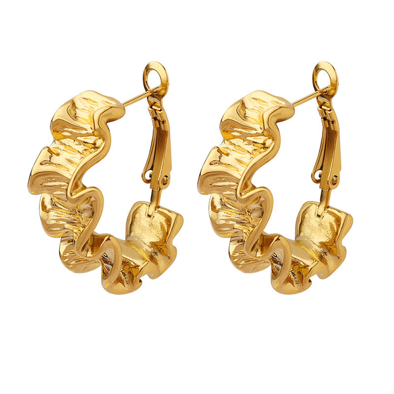 Geometric pleated texture earrings niche design titanium steel gold-plated buckle earrings