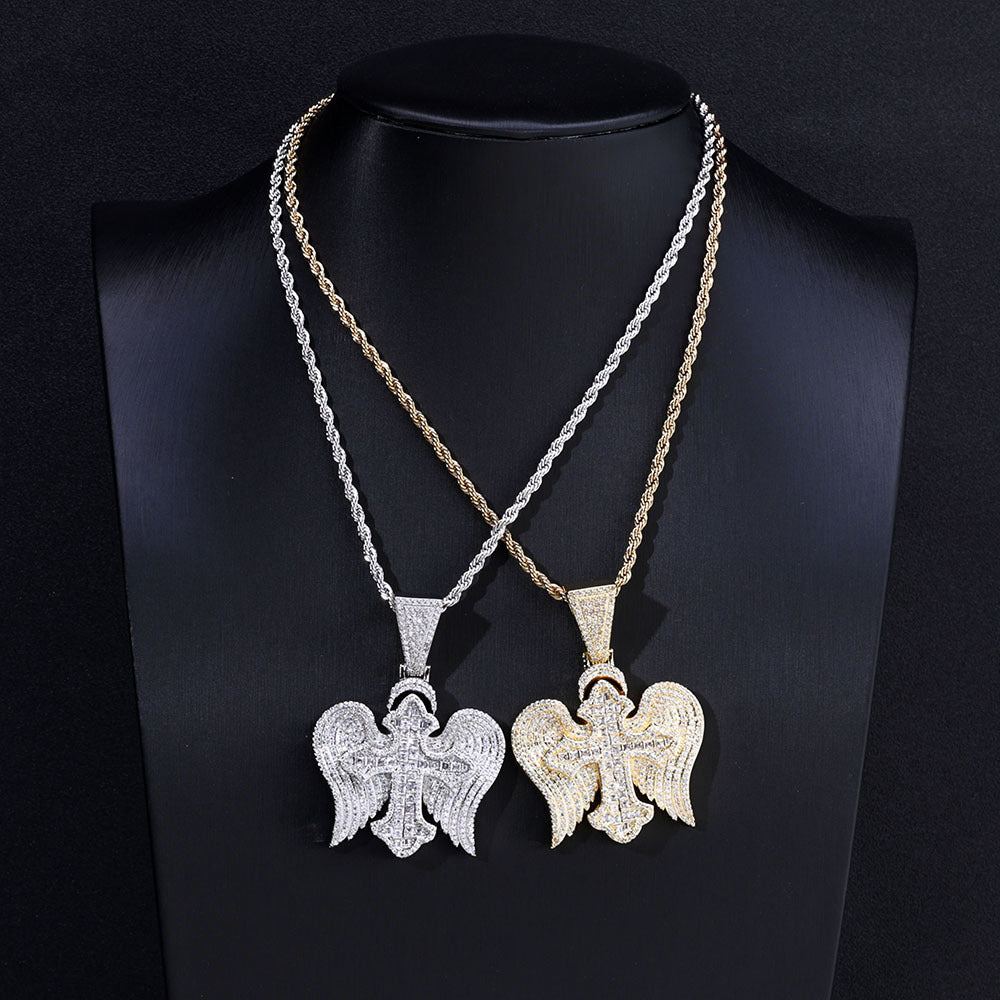 Explosive cross wings Zircon pendant Hip Hop necklace personality retro accessories