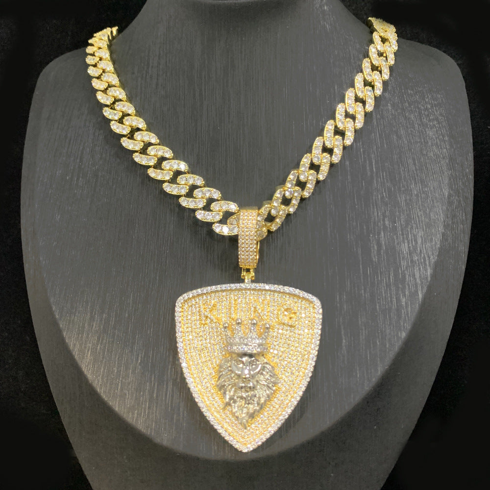 Europe and the United States new hip hop lion head shield pendant Hiphop fashion trend men's necklace set