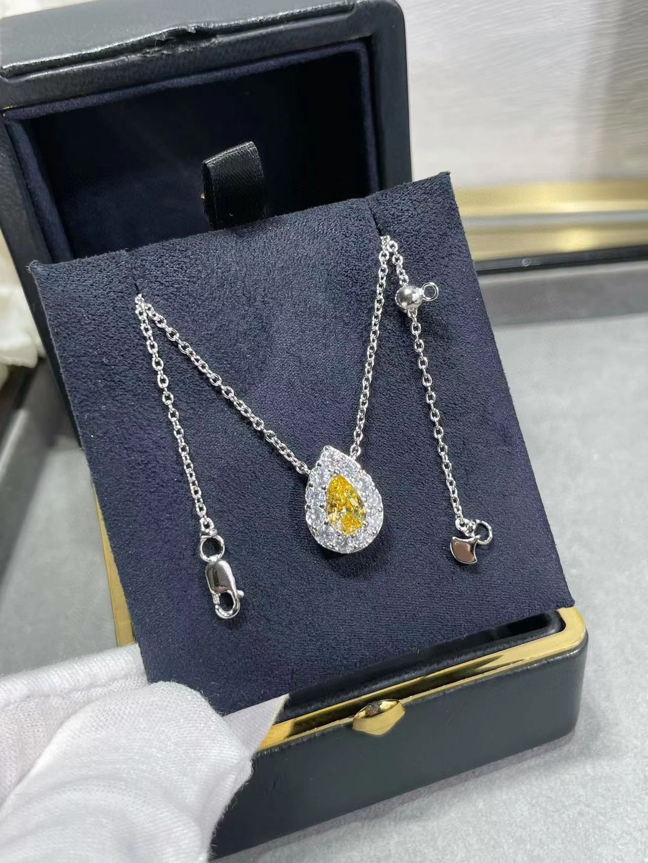 S925 sterling silver yellow and white diamond drop necklace hand inlaid with high carbon diamond drop shape full slender lines