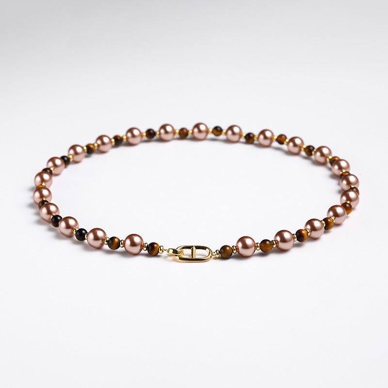 Autumn and winter Maillard Tiger Eye stone Mocha gold brown Shi Jia pearl necklace women's choker superior sense folded sweater chain long