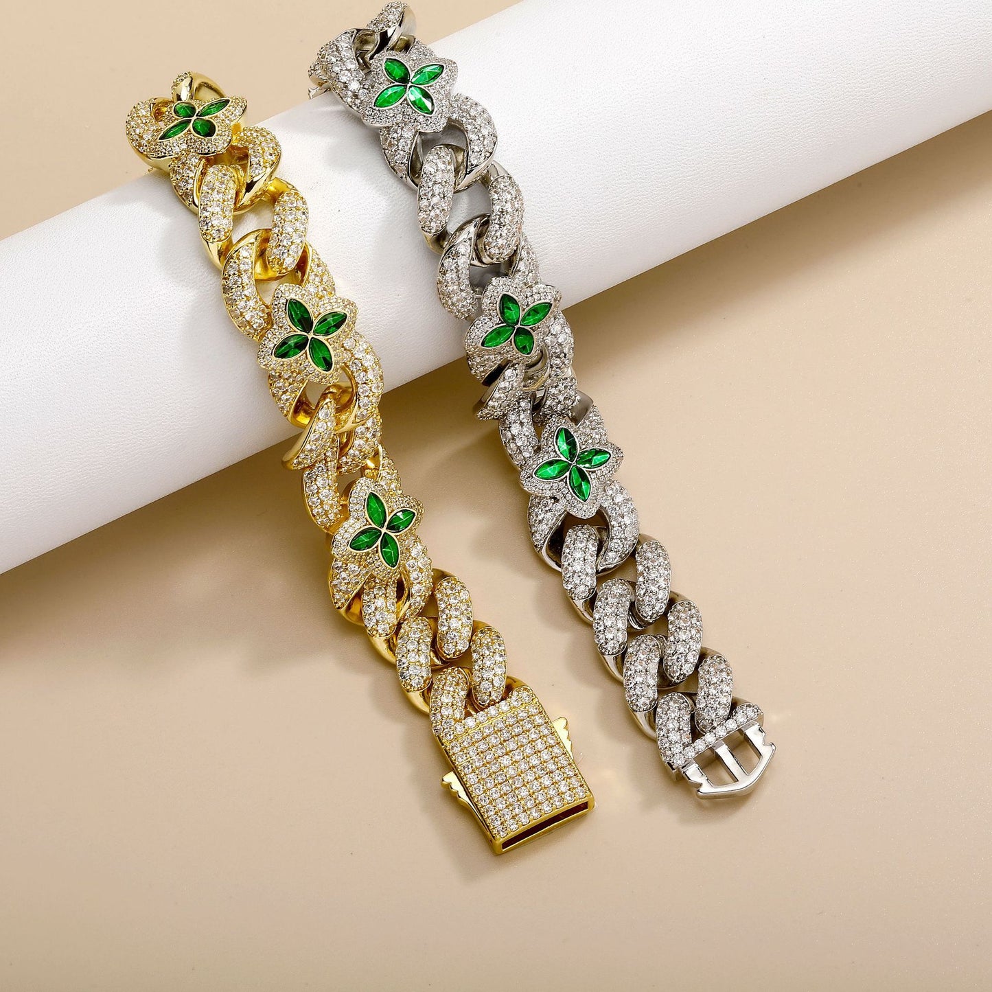 Hip Hop Bracelet 20mm four-leaf Clover Green Gem Personality Chain Cuban Chain Spring buckle men's bracelet