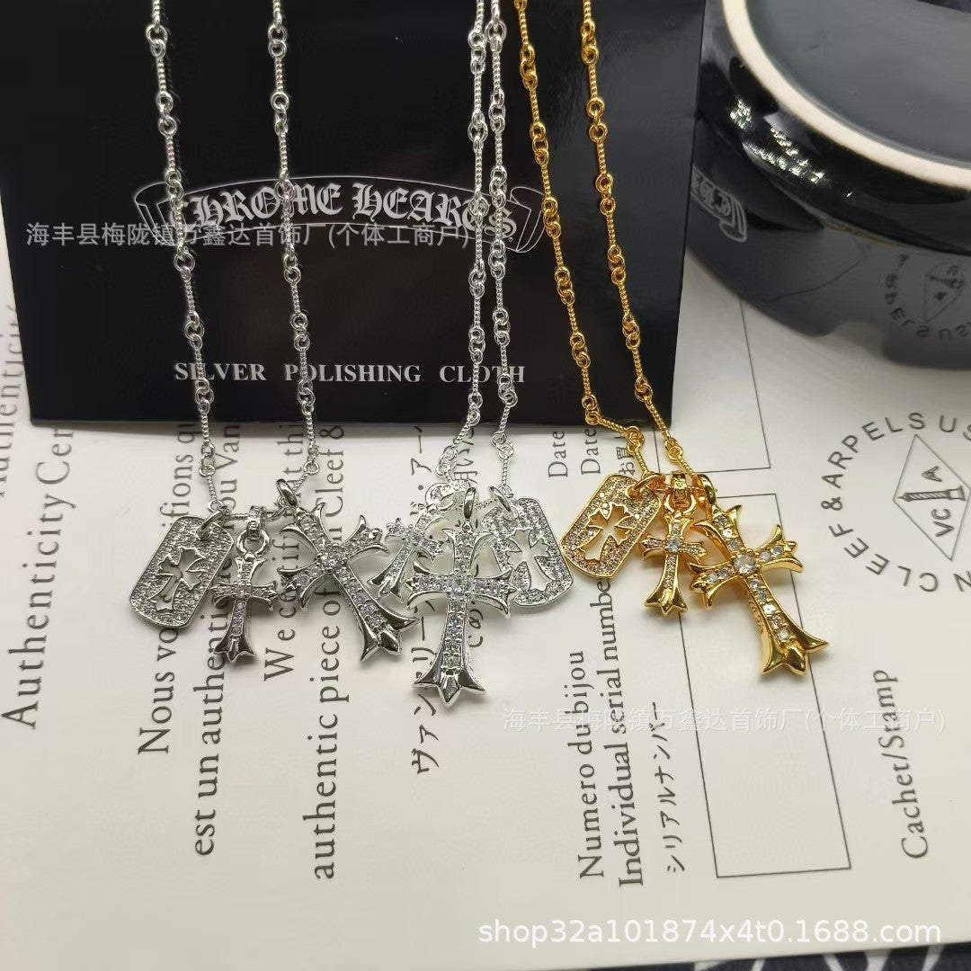 Crowe 伈 double cross diamond gold full diamond vintage three-piece necklace couple bamboo chain