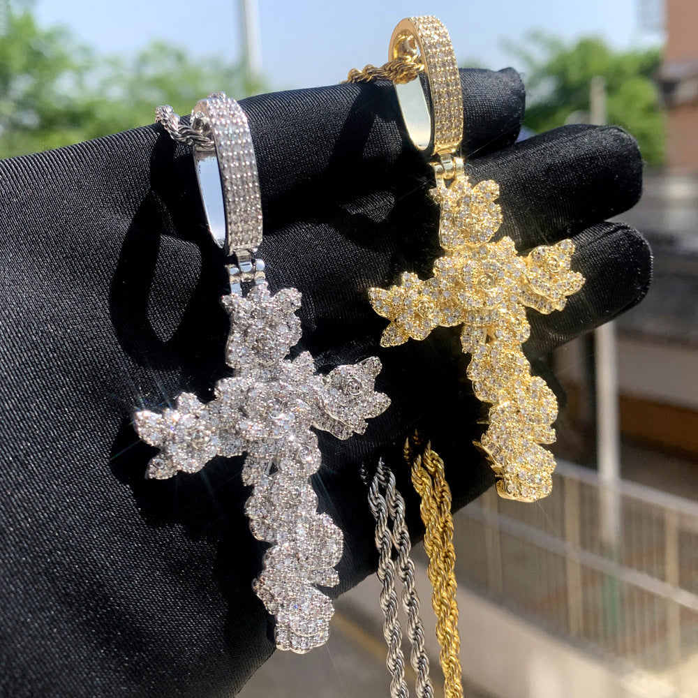 Hip Ha new rose cross zircon pendant Hiphop fashion trend necklace