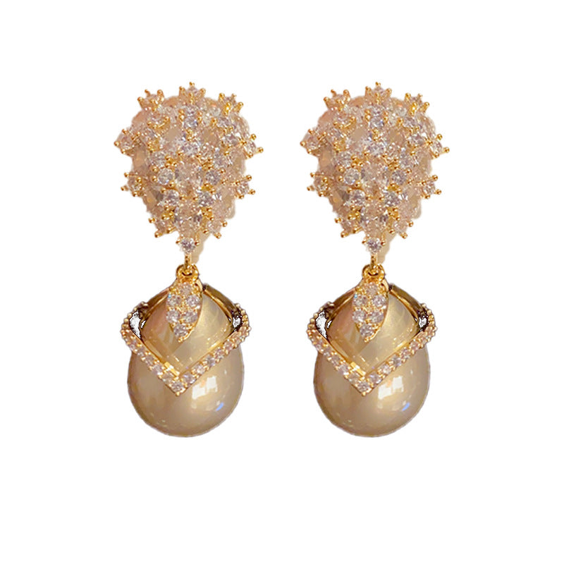 Temperament light luxury champagne color pearl zircon earrings for women shining style retro high sense earrings