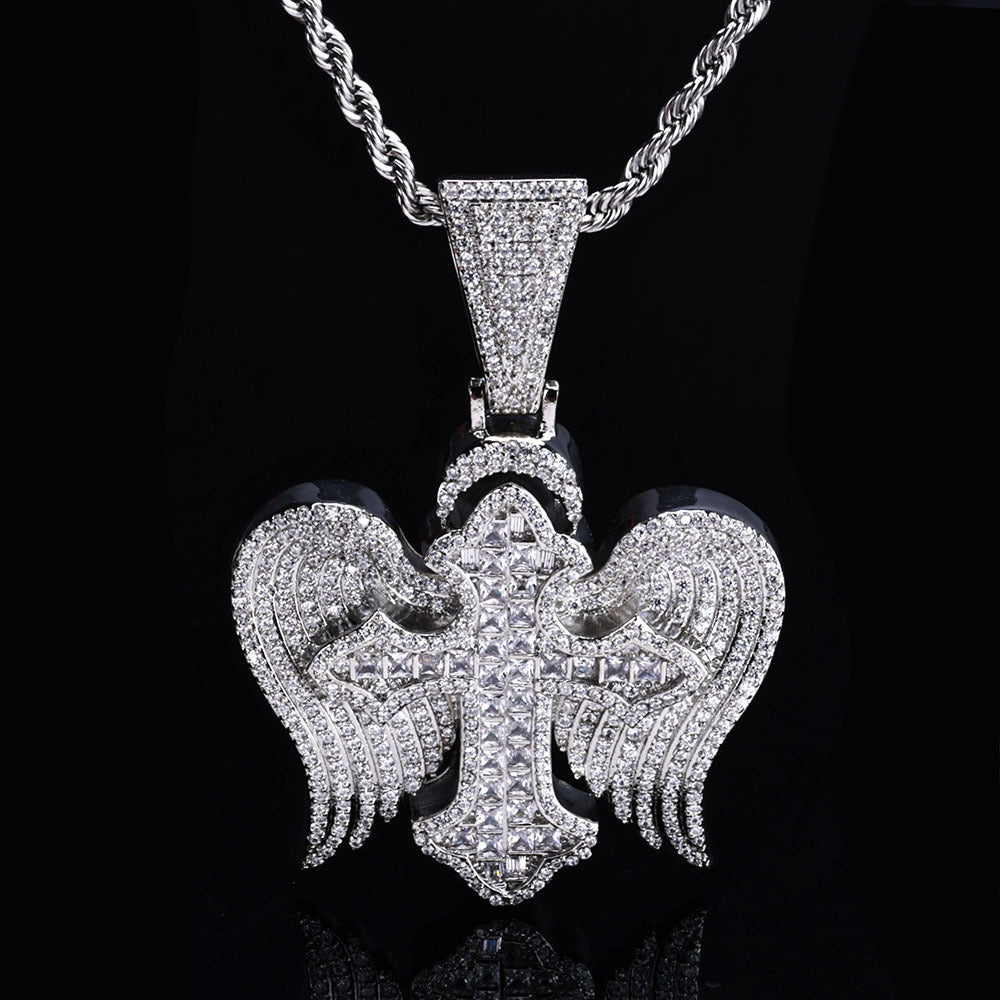 Explosive cross wings Zircon pendant Hip Hop necklace personality retro accessories