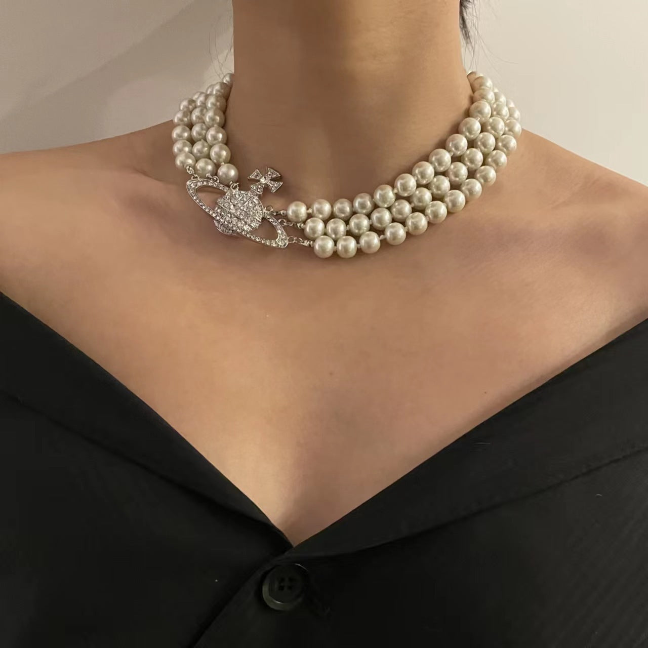 Three layers of pearl full diamond large Saturn necklace fashion women's vintage choker jewelry