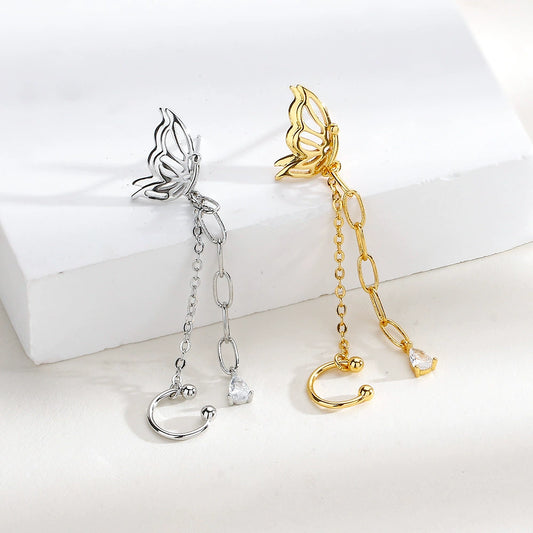 Super Fairy Flash Diamond Water Drop Butterfly Ear Clip Female Sweet Korean Version Simple and Luxurious One-piece Chain Earrings