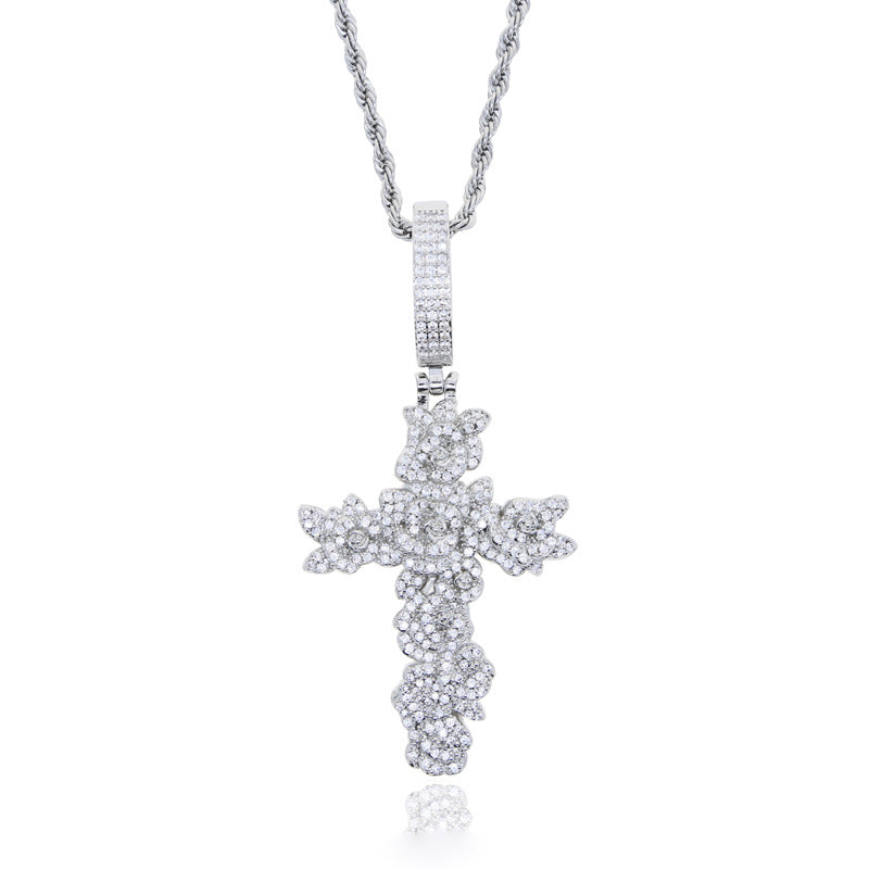 Hip Ha new rose cross zircon pendant Hiphop fashion trend necklace