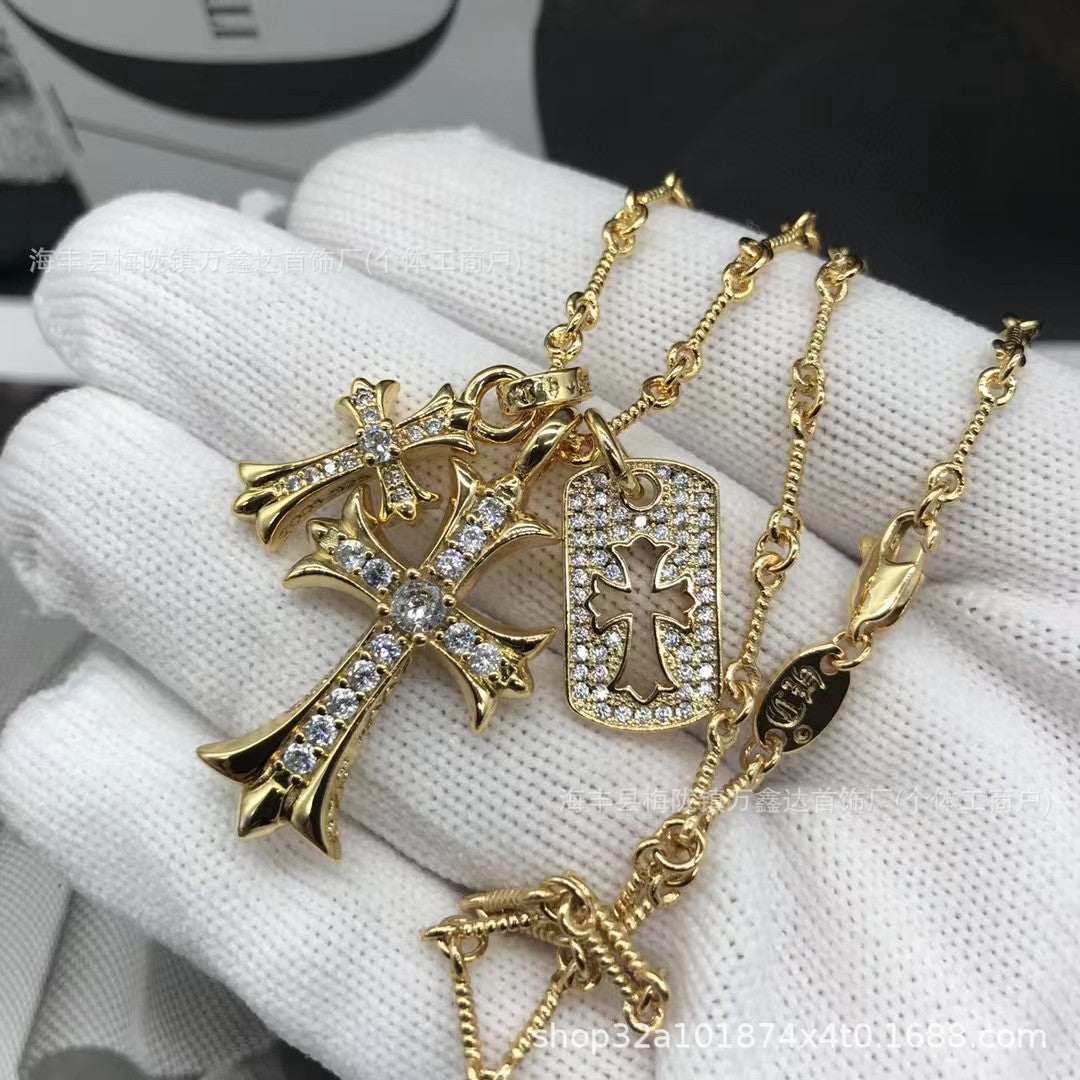 Crowe 伈 double cross diamond gold full diamond vintage three-piece necklace couple bamboo chain