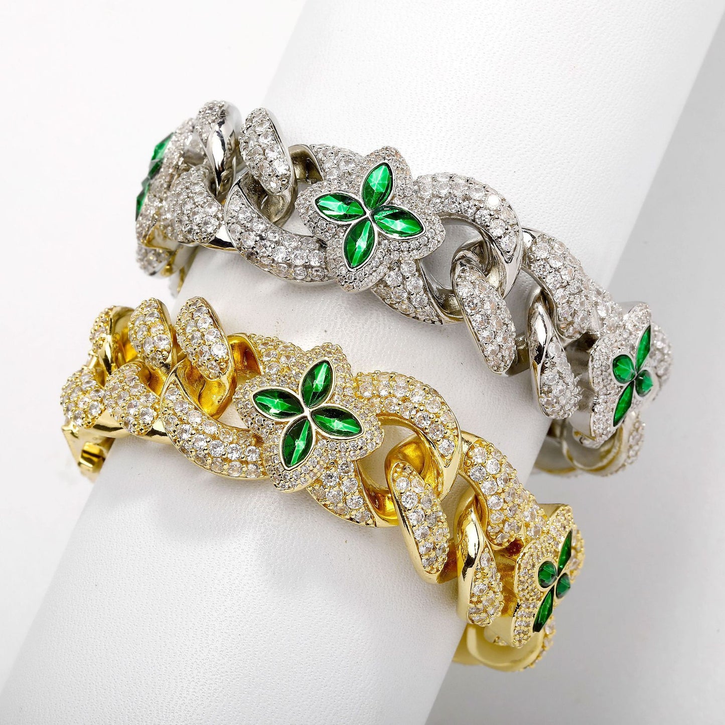 Hip Hop Bracelet 20mm four-leaf Clover Green Gem Personality Chain Cuban Chain Spring buckle men's bracelet