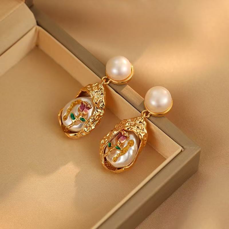 Monet Garden Oil painting style Baroque Pearl earrings Palace light luxury pearl enamel rose flower earrings